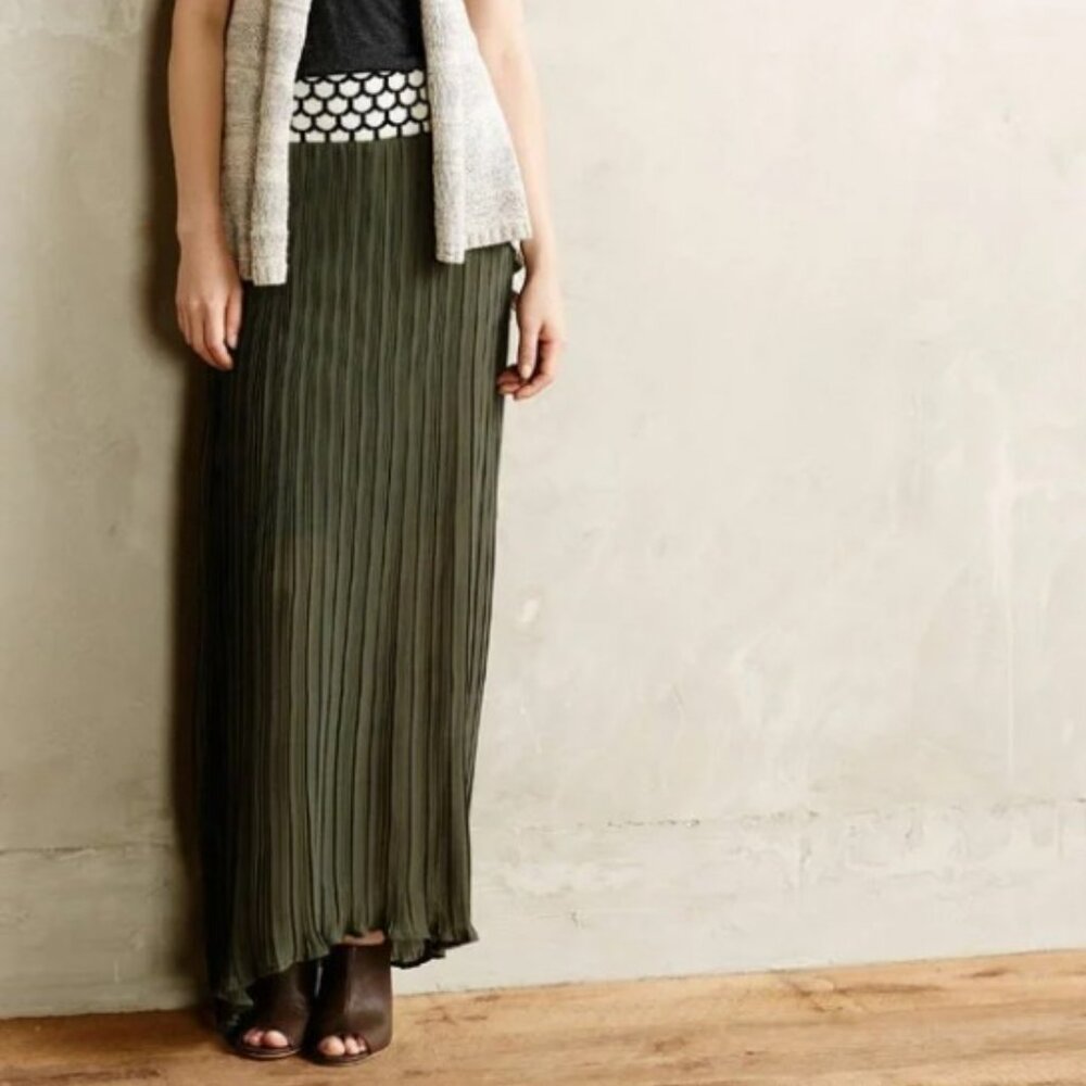 Anthropologie Dear Creatures Olive‎ Green Pleated Maxi Skirt Medium